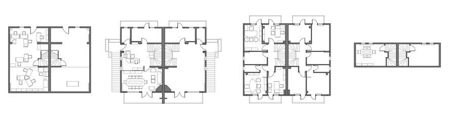 2d architectural drawings of an office building floors from basement to roof top. Space planning and furniture layout on the left side for the work areas. Horizontal monochrome image
