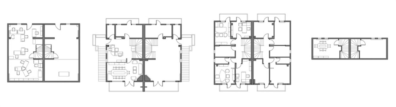 2d architectural drawings of an office building floors from basement to roof top. Space planning and furniture layout on the left side for the work areas. Horizontal monochrome image