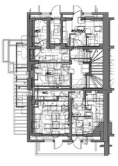 Abstract illustration of multi layered architectural plans. Technical drawings of office plan layouts.  Conceptual design sketches.