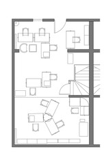 2d architectural drawing of an office plan. Furniture layout for open space working area.  Downstairs of a duplex building.  Monochrome image. 