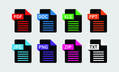 Black file format icons. PDF, JPG, DOC, XLS, PNG, ZIP, PPT icons