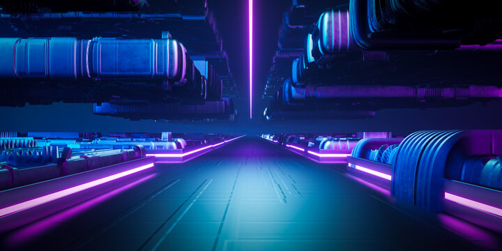 3d Rendering Futuristic Metal Sci Fi Corridor With Blue And Pink Neon Light.