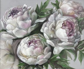 Interior oil painting royal white peonies on a gray background. Print on canvas © Юлия Корниевич