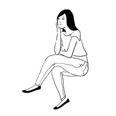 考える女性のベクター線画イラスト