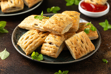 Mini beef patties with vegetables and red wine wrapped in puff pastry