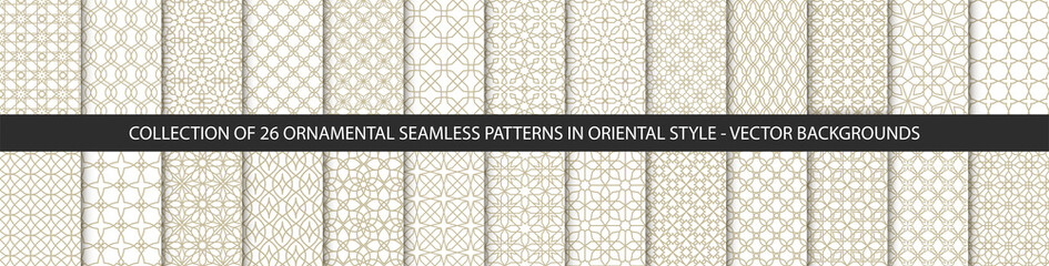 Big set of 26 vector ornamental patterns. Collection of geometric patterns in the oriental style. Patterns added to the swatch panel. - 517488794