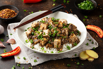 Vegan Mapo tofu with mushroom and rice. Asian, Chinese food