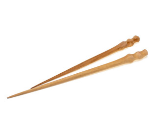 Hair pins made of wood, handmade for long hairstyle, isolate on white background