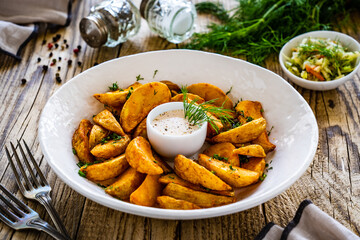 Tasty baked potatoes with dill and mayonnaise on wooden table 
