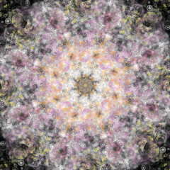 A Mandala design element. Round decoration with an ornament. A complex medallion made of fluorescent weaving. psychedelic background.