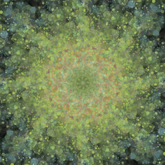 A Mandala design element. Round decoration with an ornament. A complex medallion made of fluorescent weaving. psychedelic background.