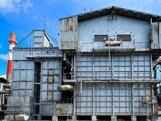 Large-capacity ammonia production workshop at a petrochemical plant with copyspace. Appearance of a...