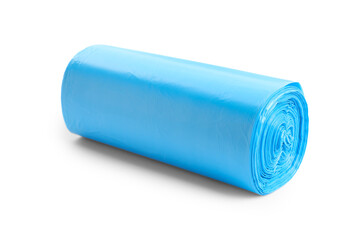 Roll of turquoise garbage bags on white background. Cleaning supplies