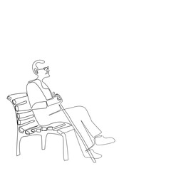 Fototapeta na wymiar A old man sitting alone on chair in continue line style. Side view of one Senior man holding cane sitting in park in single line. Minimalist black linear sketch vector isolated on white background.