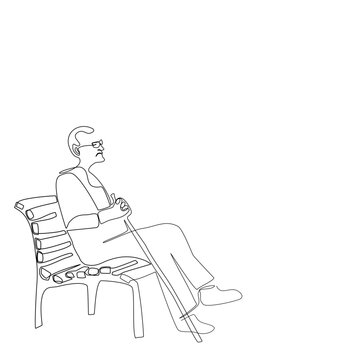 recommend clip art: A old man sitting alone on chair in continue line style. Side view of one Senior man holding cane sitting in park in single line.  Minimalist black linear sketch vector isolated on white background.