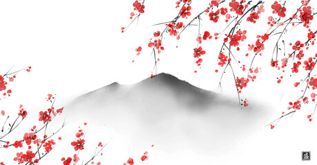 Japanese sakura blossom and far misty mountains. Traditional oriental ink painting sumi-e, u-sin, go-hua. Translation of hieroglyph - blossom