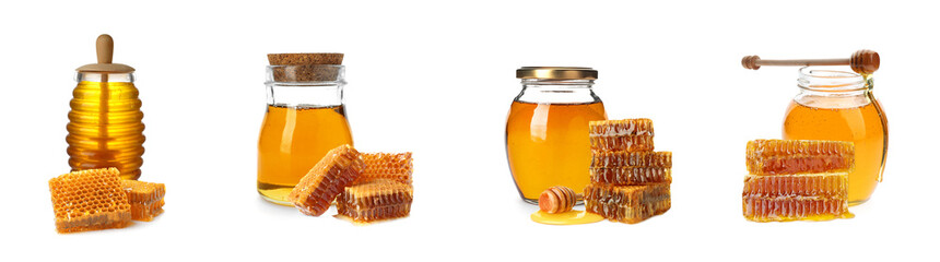 Tasty natural honey on white background, collage. Banner design