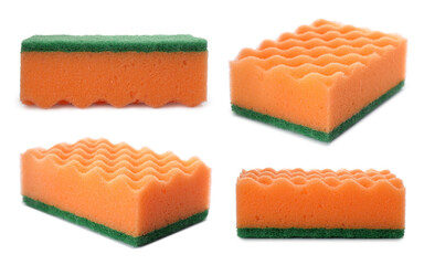 Set with cleaning sponges on white background