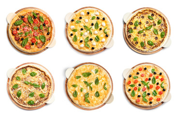 Set with different delicious pizzas on white background, top view