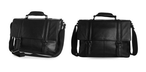 Stylish black leather briefcases on white background, collage. Banner design