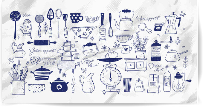Big set of kitchen doodle sketch utensils hand-drawn with ink on paper. Cups, teapots, pots. bottles. chopping boards ets. Inscription Bon appetit in different languages