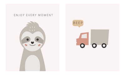 Hand drawn cute sloth and toy truck bohemian style. Funny collection baby posters. Wall art nursery. Kids vector print. Design  textiles, packaging, postcards. The phrase enjoy every moment. © Katerina
