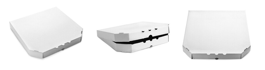 Set with cardboard pizza boxes on white background. Banner design