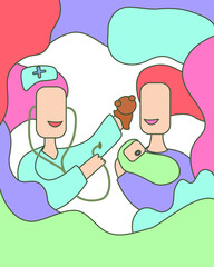 Mother with her cute baby visiting pediatrician. Vector illustration