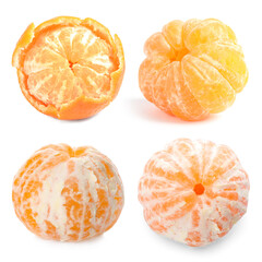 Set with tasty ripe tangerines on white background