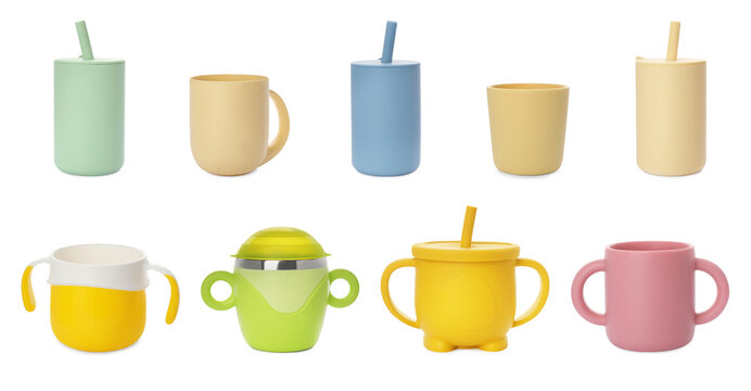 Set with colorful baby cups on white background. Banner design