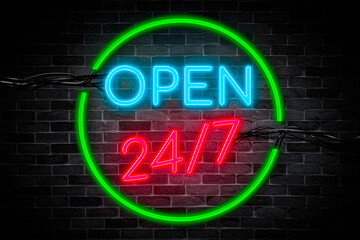 We are OPEN neon banner on brick wall background, light signboard on the night.
