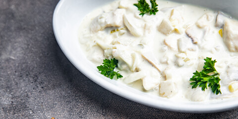 herring sour cream sauce fresh healthy meal food snack diet on the table copy space food background rustic top view pescatarian diet