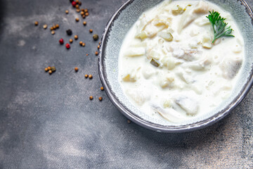 herring sour cream sauce fresh healthy meal food snack diet on the table copy space food background rustic top view pescatarian diet