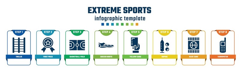 extreme sports concept infographic design template. included trellis, first prize, basketball field, soccer boots, yellow card, doping, blue card, variometer icons and 8 options or steps.