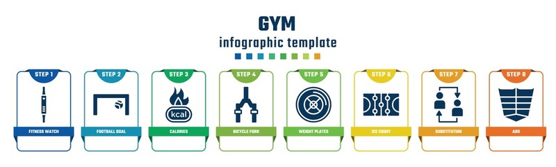 gym concept infographic design template. included fitness watch, football goal, calories, bicycle fork, weight plates, ice court, substitution, abs icons and 8 options or steps.