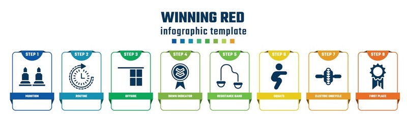 winning red concept infographic design template. included munition, routine, offside, down indicator, resistance band, squats, electric unicycle, first place icons and 8 options or steps.