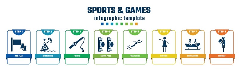 sports & games concept infographic design template. included red flag, kitesurfing, fishing, elbow pads, free flying, hostess, bobsledding, crocket icons and 8 options or steps.