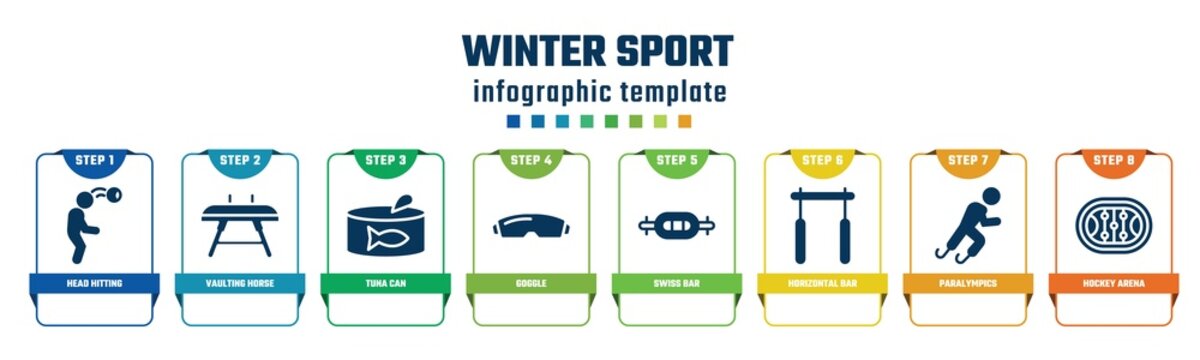 Winter Sport Concept Infographic Design Template. Included Head Hitting, Vaulting Horse, Tuna Can, Goggle, Swiss Bar, Horizontal Bar, Paralympics, Hockey Arena Icons And 8 Options Or Steps.