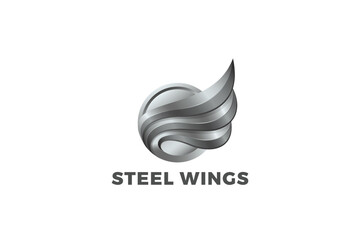 Wings Logo in Circle design vector template 3D Metallic Style. Metal Wing Steel Mascot Emblem