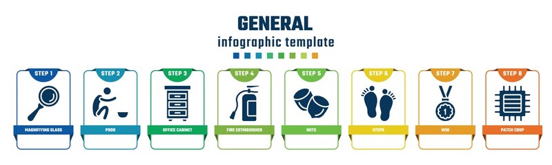 general concept infographic design template. included magnifiying glass, poor, office cabinet, fire estinguisher, nuts, steps, win, patch crop icons and 8 options or steps.