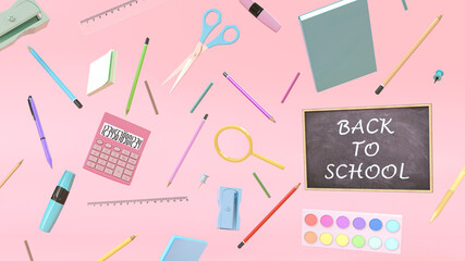 Fototapeta na wymiar Creative back to school concept on pastel pink background. All school supplies for students. Pencils, notebooks, ruler, books, scissors.