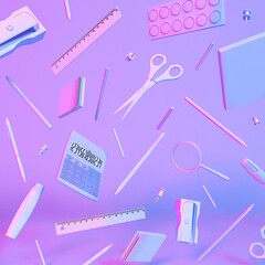 Creative back to school concept on neon purple background. All school supplies for students. Pencils, notebooks, ruler, books, scissors.