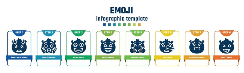 emoji concept infographic design template. included angry with horns emoji, shocked emoji, weird excited hugging liar nauseated crazy icons and 8 options or steps.