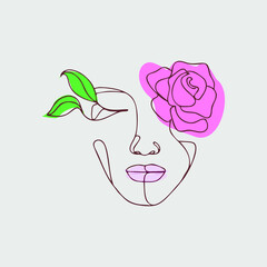 One continuous line drawing young happy beauty woman with rose flower and leaves. Dress make up, cosmetic, fashion on sale. Girl happy for joy with shopping.