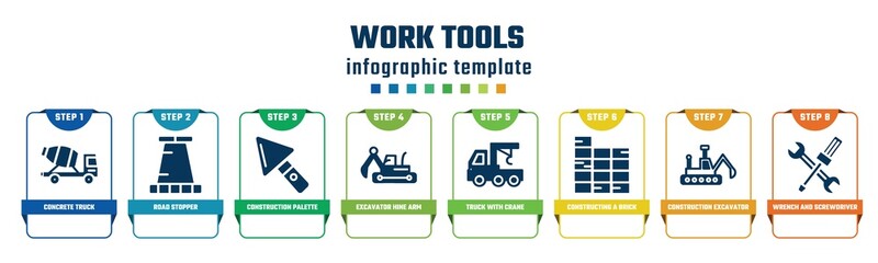Fototapeta na wymiar work tools concept infographic design template. included concrete truck, road stopper, construction palette, excavator hine arm, truck with crane, constructing a brick wall, construction excavator,