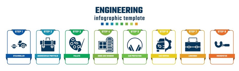 engineering concept infographic design template. included steamroller, businessman portfolio, pallete, door and window, ear protection, car service, lunchbox, micrometer icons and 8 options or