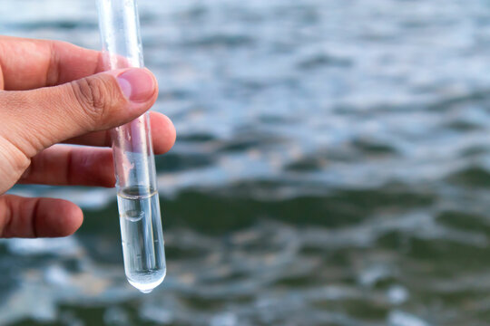 Water sample. Hand holding a test tube with water. Sea in background. Water purity analysis and environment concept. Water testing. Infections and bacteria.