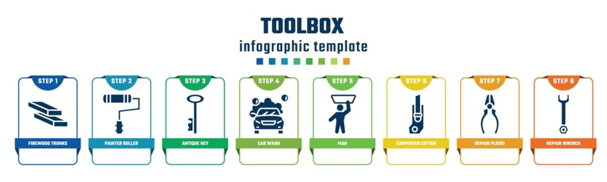 toolbox concept infographic design template. included firewood trunks stacked, painter roller, antique key, car wash, man, carpenter cutter, repair pliers, repair wrench icons and 8 options or