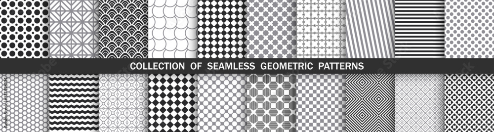 Wall mural collection of vector seamless geometric patterns. monochrome repeatable backgrounds. simple black an
