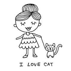 Cute girl with cat , cartoon doodle hand drawing , black line on white background